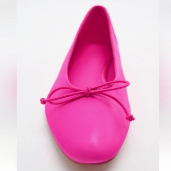 Zara Bow Trim Leather Pink Ballet Flats Fuchsia Barbiecore Size 37 - Picture 5 of 11